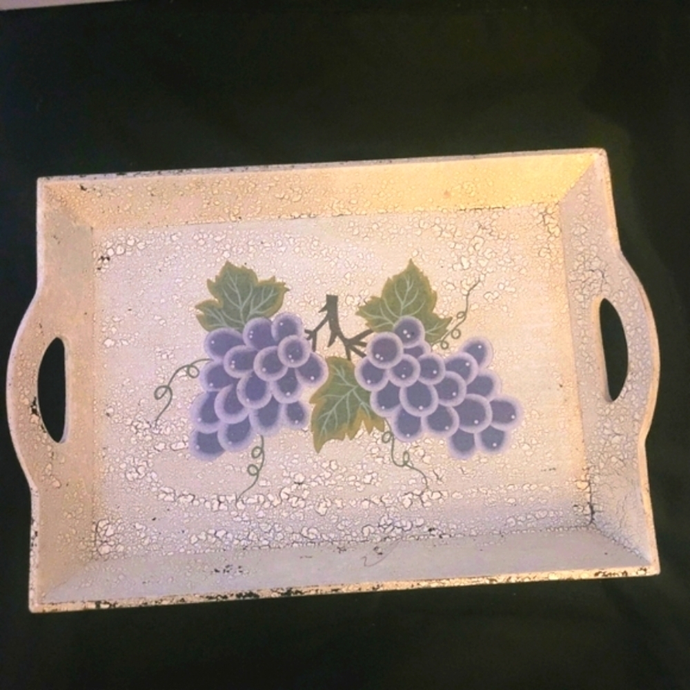 Serving Tray Wooden white boho chic crackle grape clusters white purple green